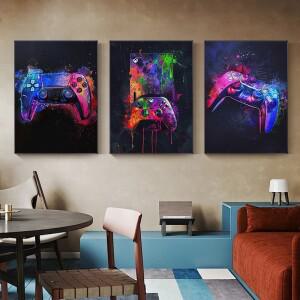 호환 레트로 컬러 XBOX 게임패드 헤드셋 캔버스 프린트  소년 게임룸 벽 아트 포스터 (모던 거실 크리스마