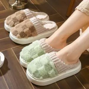 체크 보들 방한 털실내화 ELB002