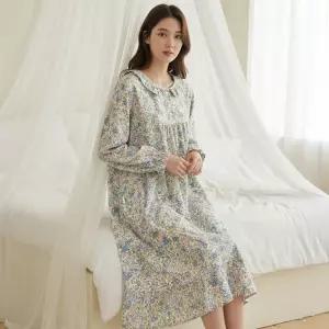 JWS EM 181125 순면 여성 잠옷 아사면 원피스 실내복 아사면 드레스 긴팔