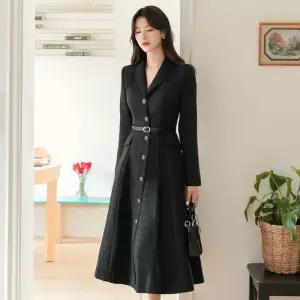 시크라인 ~XXL까지 스멀더스 숄카라 레더 실버 버튼 플레어 트위드 원피스 봄,가을 단독 하객룩 오피스룩