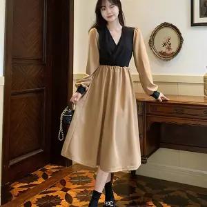 여자 투톤 포인트 브이넥 라인 하객룩 모임룩 연말 패션 원피스
