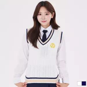 남녀공용 꽈배기 골드자수 브이넥 교복조끼(2color)