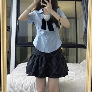 스카이블루 핀턱 반팔 체크치마 세라복 교복세트