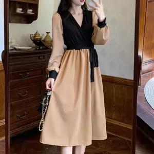 하객룩 블랙베이지투톤 랩롱원피스 데일리페미닌원피스