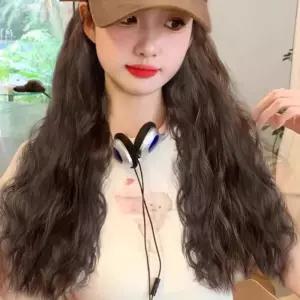 긴머리 히피펌 여성 헤어 스타일 니잔 브라운 캡모자형 물결 웨이브 가발
