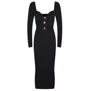 스퀘어넥 골드버튼 블랙 슬림바디콘 롱니트원피스