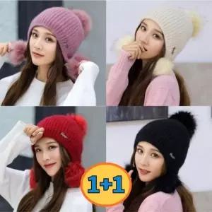 여성 겨울 앙고라 귀달이 털모자 비니 방울 털모자 목도리모자