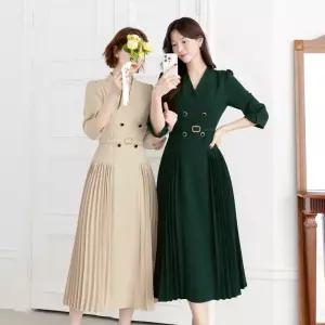 시크라인 ~XXL까지 패트리샤 더블버튼 벨티드 사이드 플리츠 원피스 봄,가을 하객룩 오피스룩 격식룩 데이