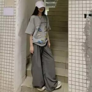 [콩심팥심]여성 오버핏 프린팅 반팔 트레이닝 와이드 팬츠 세트