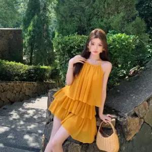 원피스 스커트 옐로우 여친 바캉스룩 플레어 쉬폰 해변 윈난 예쁜 홀터넥 멜빵 SPO마켓1