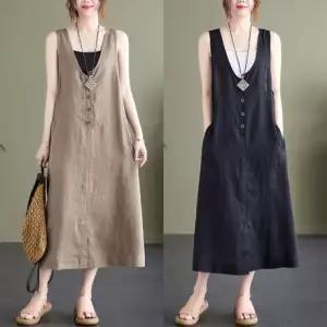 은창]버튼 딥 브이넥 면 뷔스티에 원피스 여름 치마 면혼방 빅사이즈 루즈핏 퍼프 조끼 롱원피스