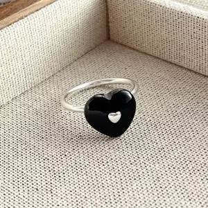 [디작소]여성 실버 925 흑마노 블랙 하트 심플 링 반지 (36462510)