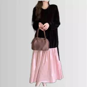 배색 벨벳 롱원피스 라운드넥 여유핏 라인 플레어