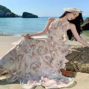 여사친 원피스 예쁜 쉬폰 아침 이슬 장미원 프렌치 바캉스룩 프린트 홀터넥 케이크 롱스커트 브이넥 SPO마