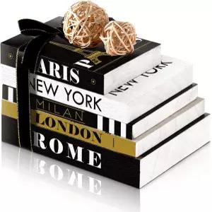 가정용 Getery 나무 책 장식 라탄 볼 2개 포함 가짜 현대 도시 스택 북 에스테틱 거실용 농가 커피 테이블