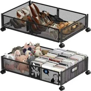 침대 아래 보관 용기 손잡이와 바퀴가 있는 접이식 밑 2팩 신발 옷 정리함 장난감을 위한 조립식