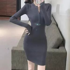 데님원피스 슬림라인 골지 원피스 앞 집업 타이트 연말룩 파티룩