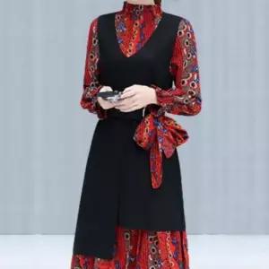 여성 중년 프릴 레이어드 롱 쉬폰 조끼 원피스 세트