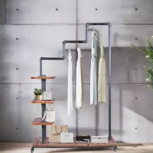 디와이 산업용 파이프 의류 선반 4겹 소나무 나무 신발 바퀴 달린 옷걸이 가정용