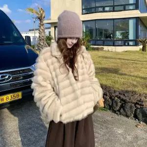 빈티지 겨울 퍼 자켓 하이넥 패딩 도톰 가죽 베이지색럭셔리 코트 상의 일체형 여성패션 DL4