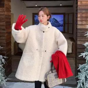 동계 밀크베이지 두꺼운 일체형 차이나카라 털 모피 여성패션 램스울 롱에 코트 DL4