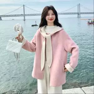 핑크 여자 모직 겨울 항공 야구 집업 코트 러블리 점퍼 리버시블 토끼 귀 후드 캐시미어 다올4