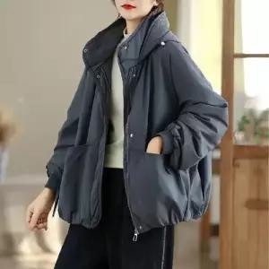 여성용 동계 빈티지 데일룩 카디건 후드 다운 솔리드 숏 상의 DAOL4