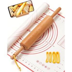 클래식 우드 롤링 핀, 실리콘 매트와 조절 가능한 두께 링으로 베이킹을 위한 17인치 나무 베이스가 있는 파스타 롤러, 파이 크러스트, 쿠키, 피자 도우 및 빵을 퐁당 롤러