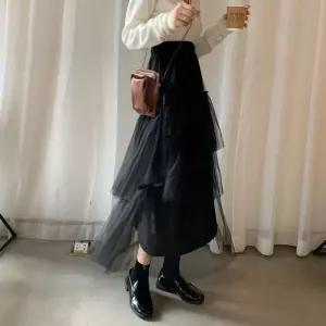 3단 옆 롱 스커트 끈 여자 기장 망사 레이스 리본 sTi6+1RGU