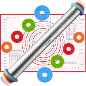 롤링 핀 및 실리콘 베이킹 페이스트리 매트 세트, 스테인리스 스틸 도우 롤러, 두께 조절 가능한 링이 있는 핀, 퐁당, 피자, 파이, 페이스트리, 파스타, 쿠키용