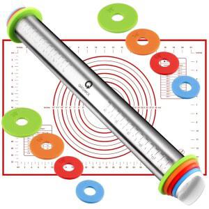 롤링 핀 및 페이스트리 베이킹 매트 세트, 두께 조절 가능한 링이 있는 핀, 퐁당, 피자, 파이, 페이스트리, 파스타, 쿠키(레드 매트) 베이킹용 스테인리스 스틸 도우 롤러