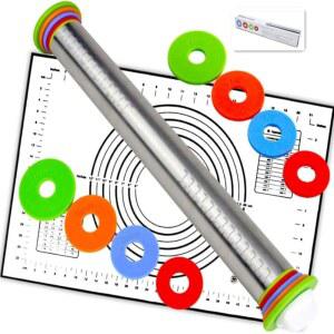 두께 조절이 가능한 롤링 핀과 실리콘 베이킹 페이스트리 매트 세트, 스테인리스 스틸 도우 롤러, 쿠키 퐁당 피자 케이크 파스타(블랙) 용품