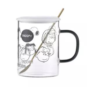 스누피 뚜껑 유리컵 숟가락 세트 370ml-블랙이유식기 아동 유아 스텐 물컵 양수 빨대