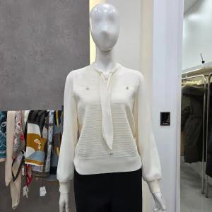 꼼빠니아CAFU3WSL010 소매 배색 리본넥 시스루 니트_KG