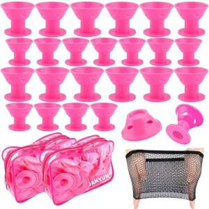 얀윤 80개 매직 실리콘 헤어 롤러 오버나이트 컬러 헤어넷 포함 40개 대형 소형 컬러(핑크)