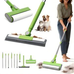 MXF 애완동물 털 제거 키트 - 카펫 갈퀴 및 대형 보푸라기 롤러 포함, 2 in 1 도구 고양이 개 고데기 빗자루, 카펫, 러그, 매트, 침대용