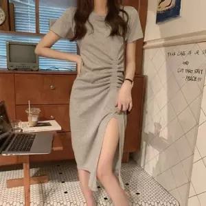 카라원피스 셔링 앞트임 반팔 원피스 소프트 라운드넥 신축성