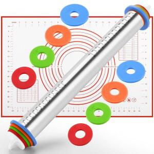롤링 핀 논스틱 및 실리콘 베이킹 페이스트리 매트 콤보 키트, 퐁당, 피자, 파이, 페이스트리, 파스타, 반죽, 쿠키(빨간색)를 위한 두께 링이 있는 조절 가능한