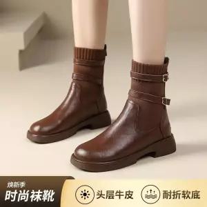 니트 빈티지 플랫워커 양말 바닥 통굽 부츠 기모 여성패션 리얼 가죽 숏 워커 추동 슬림 빅사이즈 DL4