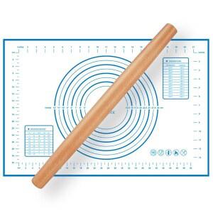 베이킹용 우드 프렌치 롤링 핀, 실리콘 베이킹 매트가 장착된 퀼런스 나무 반죽 롤러, 반죽용 비치 피자, 파이, 페이스트리, 파스타 및 쿠키, 블루 페이스트리 매트