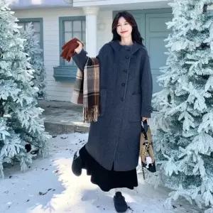 여성용 회색 롱 모직 동계 트렌디 아이템 점퍼 집업 야구 항공 후드 리버시블 캐시미어 코트 HT4