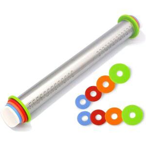 베이킹을 위한 두께 링이 있는 조절 가능한 롤링 핀, 17인치 스테인리스 스틸 도우 롤러, 피자, 토르티야, 파이, 파스타, 퐁당, 쿠키, 셰프 및 가정 제빵사에게 완벽한 측정 표시