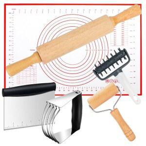 베이킹용 나무 롤링 핀, 손잡이가 있는 작은 도우 롤러, 피자 롤러 도커, 페이스트리 커터, 베이킹 매트가 포함된 스테인리스 스틸 블렌더 세트, 가정용 주방 요리용