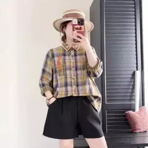 마르소 이중지 긴팔 셔츠 상의 체크 캐릭터 여성체크셔츠 자수 칼라 UNO1