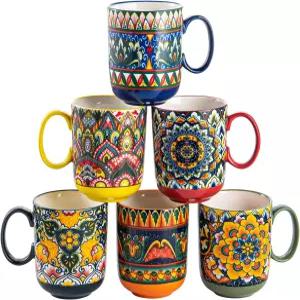 헨텐 홈 도자기 커피 머그잔 세트 6 14온스 컬러풀 라떼 컵 핫 초콜릿 우유 차 카푸치노 코코아 전자레인지