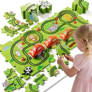 BLmukce 32피스 퍼즐 레이스 자동차 트랙 2 소년 소녀용 3 및 용 5 1-3 세트 테마 동물 도로 장난감 4 | 트랙, 표지판 6세 선물