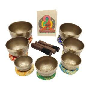 노래 그릇 7종 세트, 타도바티 디자인 히말라야 사운드 볼, 수공예, 수작업 망치, 실크 쿠션, 스틱 3개, 불교 카드, 브로케이드 박스로 명상, 요가, 마음챙김 에 이상적입니다