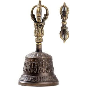 티베트 달마 오브제 종과 바지라 세트 - 히말라야 바자의 손으로 만든 기도 노래 그릇 핸드벨 수제 불교 명상 종 (14cm x 7.3cm)