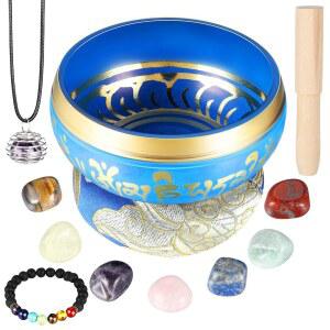 BBTO 티베트 노래 그릇 세트 3.4인치 명상 사운드 목욕 7개 차크라 크리스탈 스톤 망치 쿠션 팔찌 펜던트(블루)