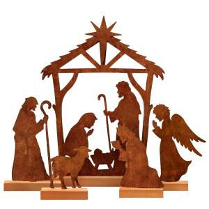 KPX 5종 금속 성탄절 장면 세트 테이블탑 장식, 러스티 스틸 빈티지 크리스마스 장식 테이블 중앙 - 객실 벽난로 선반을 위한 농가 홀리데이 (The Nativity)